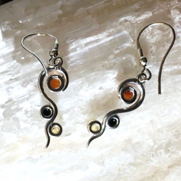 Genuine Baltic Amber Multicolor Earrings .925 Sterling Silver Swirl Design - Picture 6 of 13